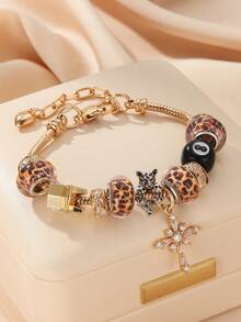 1pc Teenager DIY Beaded Bracelet With Copper Cross, Leopard Print Beads, And Black Tassels, Fashion Jewelry, Gift For Birthday - Gold - View 14
