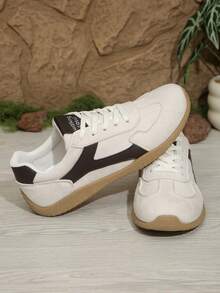 Women's Khaki Lace-Up Casual Sports Shoes, White Fashion Versatile Sneakers, Suitable For Casual, Sports, School, Travel, All Seasons - White - View 6