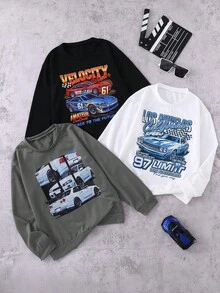 3pcs/Set Boys' Car Print Long Sleeve Sweatshirts, Versatile & Comfortable Tops For Spring, Autumn & Winter - Multicolor - View 1