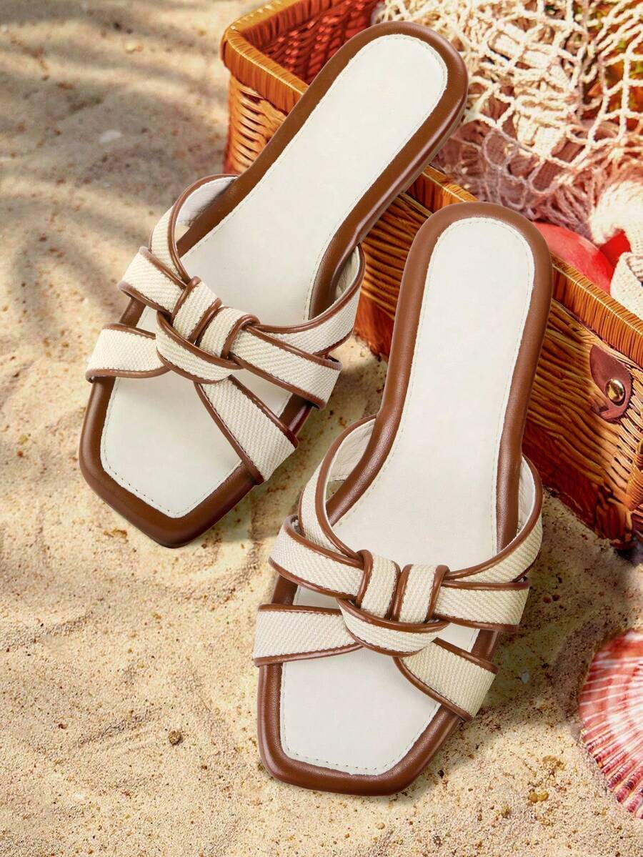 Women's Comfortable Spring Shoes, Flat Sandals Square Toe Slide Sandals, Braided Sandals For Vacation,Elegant Summer Shoes - 棕色 - 查看 1