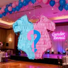 Set de 5 piñatas para revelación de género, piñata temática para fiesta de revelación de género, decoración de fiesta, decoración divertida de piñata, utilería fotográfica, adecuada para diversas fiestas, incluye palo, venda para los ojos, confeti azul y rosa - Rosa - Ver 6