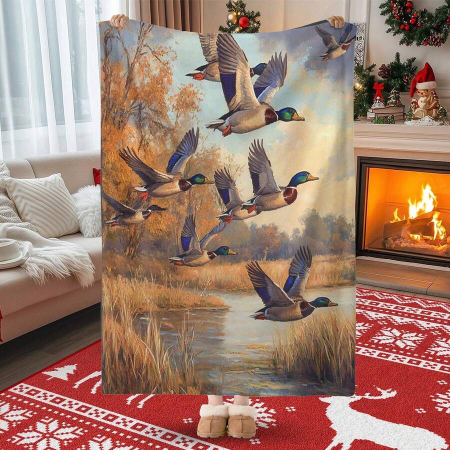 Mallard Ducks Flying Over Autumn Wetland Cartoon Blanket Cozy Soft Multi Purpose Gift For Home Bedroom Couch Sofa Warm Decor Blanket - 彩色 - 查看 1