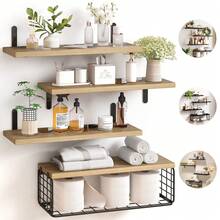 4 Repisas Flotante Madera Minimalista Muebles Hogar Decorar,Repisas Flotantes para Montaje en pared con Cestas de Almacenaje. Capacidad de Carga de 22libras,Estanterías de Moda y Duraderos para Organizador y Decorar Dormitorio, Sala y Oficina,Baño, Cocina. - Caqui - Ver 2