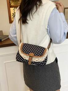 蕾丝边饰翻盖女包，波点撞色女士斜挎包，新款春夏小方包，波点休闲百搭单肩斜挎包，时尚女士手提包 - 黑色 - 查看 10
