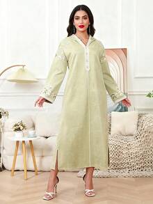2026 New Style Ramadan Traditional Elegant Embroidered V-Neck Long Sleeve Dress For Women - Green - View 6