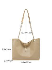 女士大容量手提包，时尚链条单肩包，新款时尚腋下包，复古亚麻托特包 - 卡其色 - 查看 2