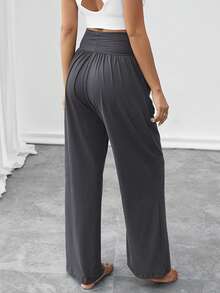 1 قطعة بنطلون نسائي ذو خصر عالي فضفاض واسع الساق، مريح ناعم للياقة البدنية داخل المنزل والرياضة اليوغا والمشي والتنزه في الهواء الطلق، جيب جانبي، مناسب للخريف والشتاء - رمادي غامق - مشاهدة 3