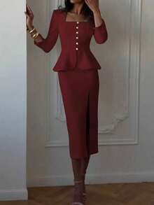 两件套魅力套装，法式优雅日常通勤商务精致复古风约会装：收腰七分袖方领上衣 + 直筒铅笔中长裙，精致通勤套装 - 紅色 - 查看 5