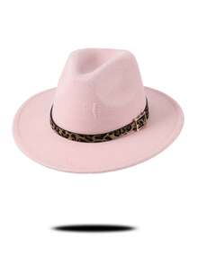 1pc Gray Felt Fedora Hat, Wide Brim Design With Leopard Print Band & Metal Buckle Decor, Chic & Stylish For Casual, Commute, Street Wear, Unique & , Multi-Color Options To Match Various Outfits