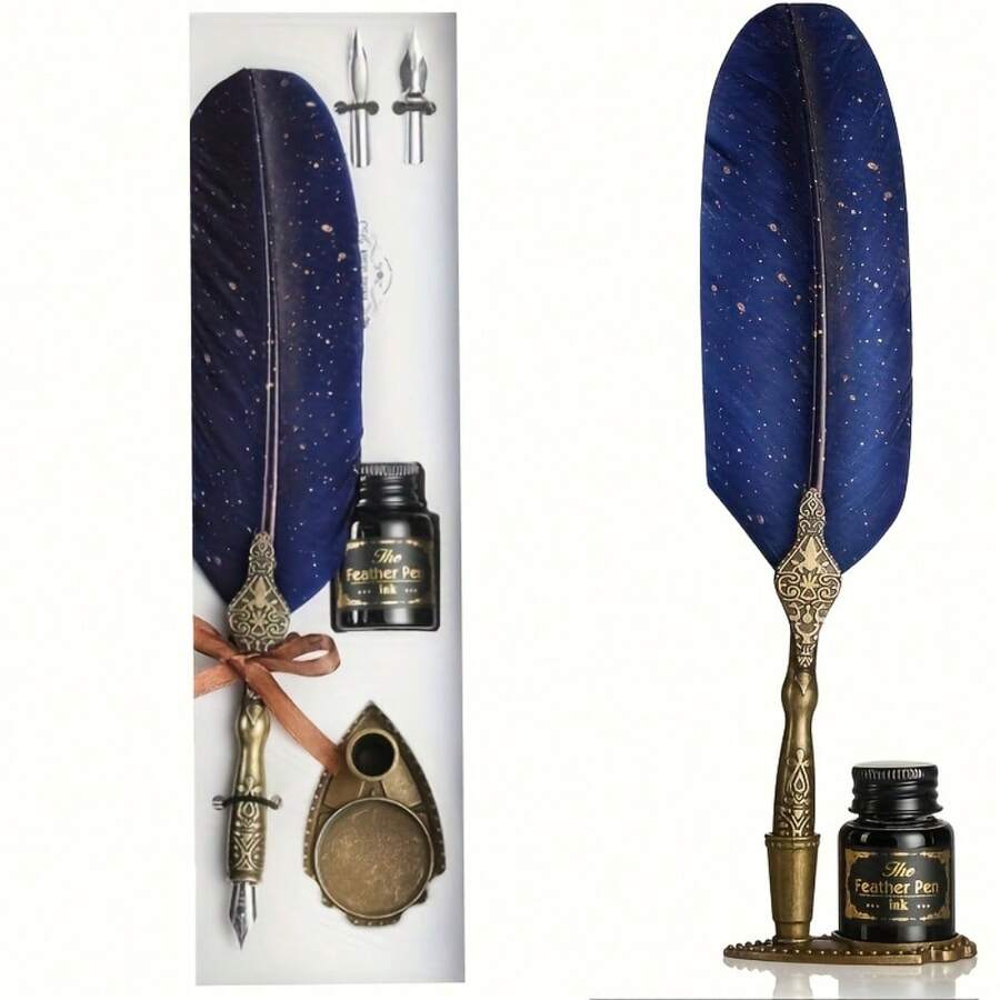 Retro Engraved Quill Pen Set, Glittering Quill Pen Set, Calligraphy Dip Pen, Standing Base, Suitable For Signing, Letter Writing, Artistic Writing Handcrafted Quill Pen - 藍色 - 查看 1