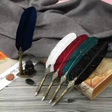 Retro Engraved Quill Pen Set, Glittering Quill Pen Set, Calligraphy Dip Pen, Standing Base, Suitable For Signing, Letter Writing, Artistic Writing Handcrafted Quill Pen - 藍色 - 查看 2