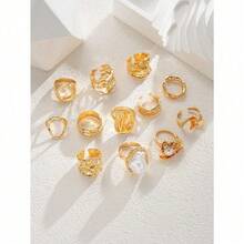 14/12/3pcs Set Asymmetrical Shaped Faux Pearl Flower, Geometric, Liquid, Round, Hollow, Multilayer Metal Textured Rings, Oversized, Chunky, Fashionable, Elegant, Vintage, Suitable For Holiday, Party, Date, Gift, Daily Wear - 黃金 - 查看 5