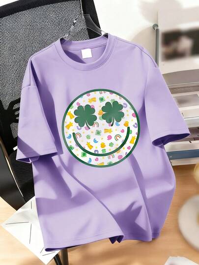 Girls' Clover & Smiling Face Graphic T-Shirt - Casual Loose Sporty Short Sleeve Tee, Girls' Round Neck Short Sleeve T-Shirt - Perfect Summer Gift, Suitable For School And Outings In Spring/Summer, St. Patrick's Day, Top
