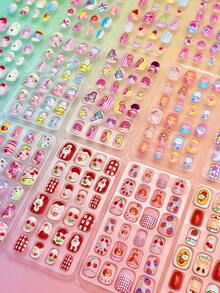 120pcs Square Cartoon Pattern Soft Gel Nail Stickers, Minimalist Style, Suitable For Girls And Kids, Super Cute DIY Fake Nails - Multicolor - View 4