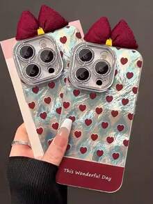 1pc Fashionable Argyle Heart Bow Glitter Phone Case Compatible With IPhone 11/12/13/14/15/16/17 Pro Max, Comes With Lens Film, Niche Stylish Protective Cover - Red - View 3