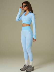 UONNOU 三件套女士运动服套装，包括文胸+长袖上衣+长裤塑形套装，女士户外休闲服，运动服，塑形服，紧身服，夹克款式，机车风格，立领，全开拉链，运动拇指孔设计，交叉肩带文胸背心，超短塑形上衣，提臀，收腰收腹，塑造腿部线条，让您看起来更苗条，运动紧身长裤，高弹力高塑形，蜂窝无缝针织柔软面料，适合运动和户外活动、瑜伽、健身、跑步、休闲日常、通勤、聚会和节日等，时尚运动户外套装，适合所有季节，秋冬春秋皆宜。 - 天藍色 - 查看 6