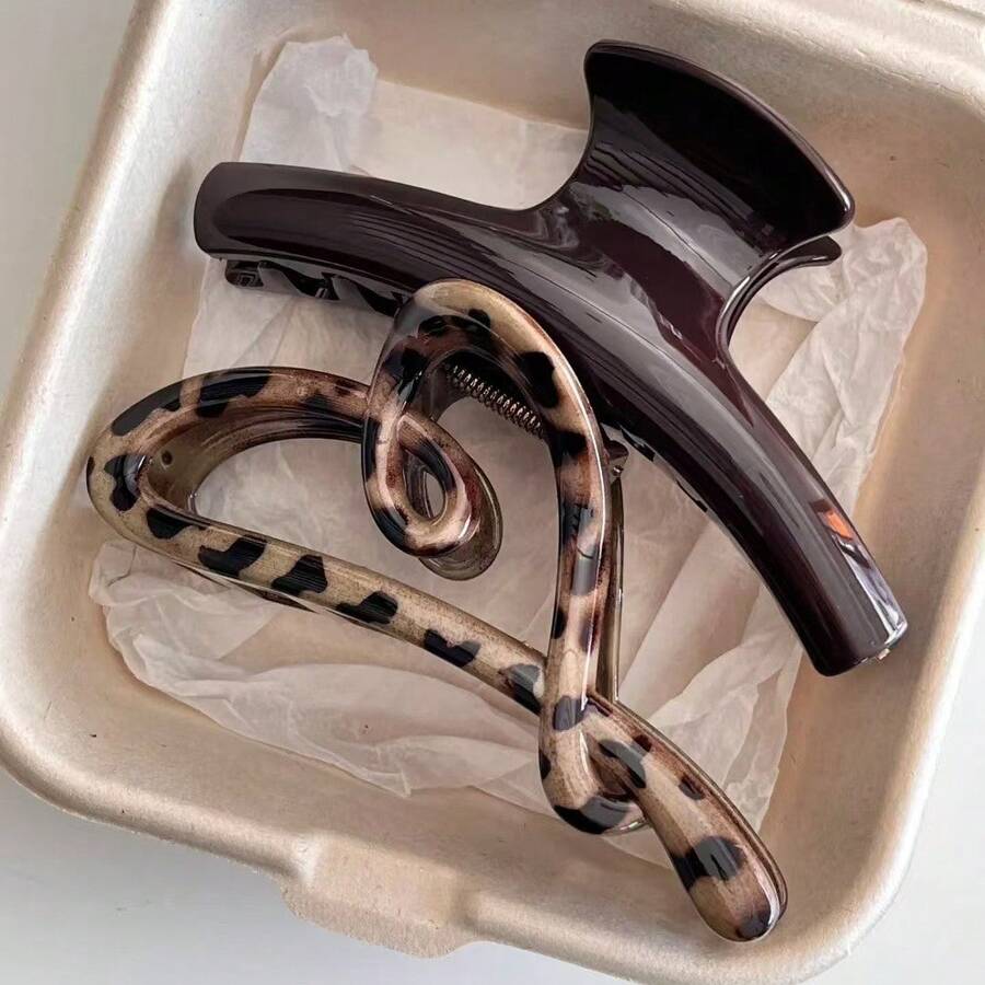 2个/1个 女士 4.65英寸/11.8厘米 棕色豹纹心形大号轻便塑料发夹，时尚百搭高端优雅简约纯色发爪，适合日常休闲、派对、通勤、度假、扎马尾、盘发、洗脸、化妆等场合，是女性优雅发饰的理想之选。 - 彩色 - 查看 1