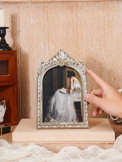 1 st vintage guld/silver välvd blommig dekorativ fotoram, antik stil mysig heminredning på skrivbordet, lämplig för fotovisning, heminredning och fotorekvisita