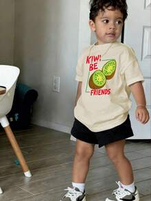 1pc Infant/Toddler Boys' Creative Cartoon Graphic Letter Slogan Print Basic Crew Neck Short Sleeve T-Shirt, Casual & Fashionable - Apricot - View 6