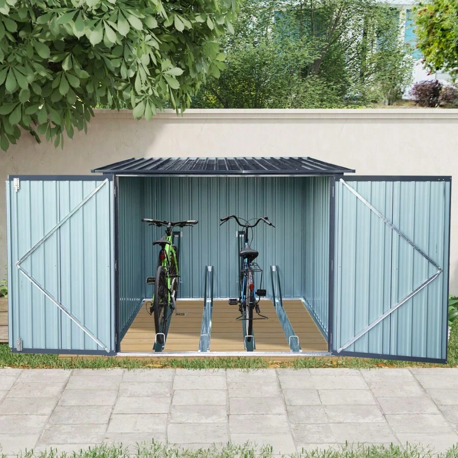 Outdoor Steel Storage Shed For Bicycle With Slope Roof And 4 Bike Tracks Black - Black1 - View 1