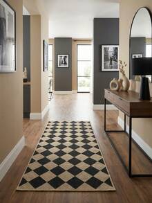 现代黑米色格子地毯 - 防滑可水洗，100% 涤纶材质，几何菱形图案，室内/室外均可使用，适用于走廊、厨房、门廊、洗衣房、玄关装饰，节日礼物，可水洗，易于打理 - 彩色 - 查看 5