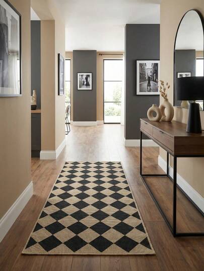 Modern Black & Beige Plaid Runner Mat - Non-Slip & Washable, 100% Polyester, Geometric Diamond Pattern, Indoor/Outdoor Use, Suitable For Hallway, Kitchen, Porch, Laundry Room, Entryway Decor, Holiday Gift, Washable, Easy Care