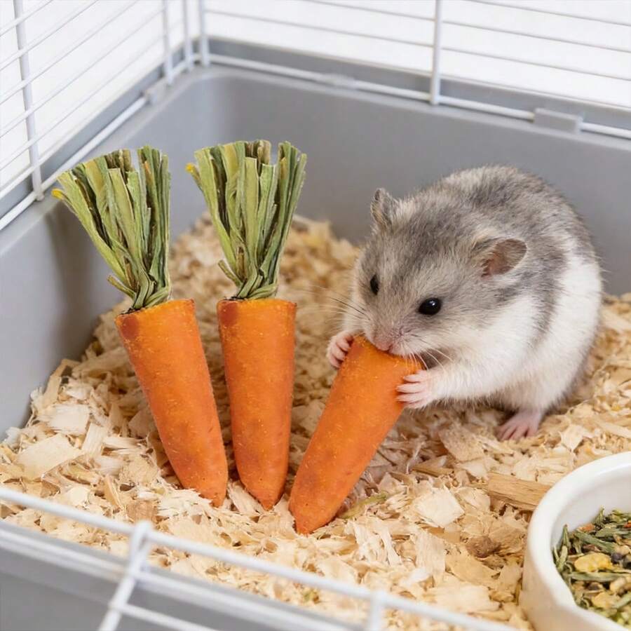 Conjunto de Brinquedos para Roer e Petiscos para Hamster: Pedras de Roer com Sabor de Cenoura e Morango, Petiscos de Grama Seca para Hamster (Decorativo e Funcional) - Laranja - Visão 1