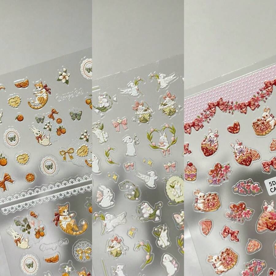 6pcs Embossed Angel Rabbit, Strawberry, Orange, Cat, Rococo Style Rabbit Cartoon 3D Cute Stickers - Multicolor - View 1