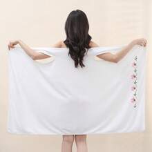 Sauna Beach Pool Bath Robe - Women Solid Color Embroidered 1pc Robe Soft Absorbent Coral Fleece - 白色 - 查看 2