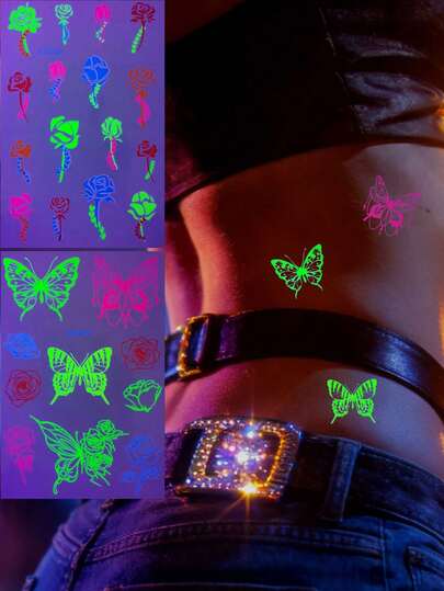 2 Pieces Fluorescent Temporary Tattoos - Fluorescent Rose & Butterfly Designs With Bright Vibrant Tones. Exquisite Details, Easy To Apply/Remove, Water-Resistant & Long-Lasting. Ideal For Daily Outfits, Parties, Carnivals & Photo Scenes, Stylish Vivid Body Decor With Great Atmosphere & Style