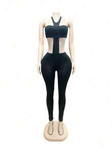 Women's Sexy Cutout Waist Jumpsuit Nightclub Hot Girl High Neck Slim Fit Bodycon Long Pants Romper - 黑色 - 查看 5