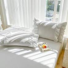 Lace Ruffle Duvet Cover 3 Pieces BeddingWhite Queen Duvet Cover Set With 2 Layers Ruffles Soft Brushed Microfiber Set With Zipper Closure Farmhouse Ruffled Duvet Cover Set - SolidWhite - Xem 4