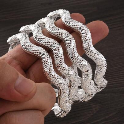 2 piezas/4 piezas Brazaletes de bangle clásicos y minimalistas de plata con diseño floral hueco y ondulado, accesorios de muñeca árabes para uso diario/cumpleaños/fiesta/festival, regalo de moda