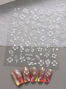 2 piezas Pegatinas de arte de uñas 3D de flor de hibisco, calcomanías de uñas florales rosa y blancas, láminas de uñas de hojas tropicales para el verano - Multicolor - Ver 9