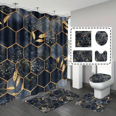 1pc/4pcs Bathroom Curtains Shower, Bathroom Set, Shower Curtain Set, Shower Curtains, Bathroom Decor, Bathroom Rug, Bath Mat, Bathroom Mat, Black And Gray Honeycomb Marble Pattern, Modern Minimalist Luxury Style, All-Season Themed Decor, Classic Minimalist Luxury Style Bathroom Set, Includes 12 Hooks