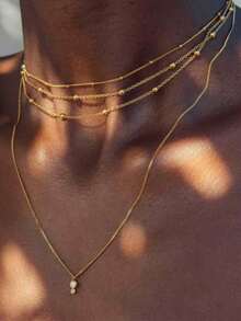 1pc Stainless Steel Double Layer Bead Chain Necklace, Fashion Minimalist Layered Beaded Necklace, Lightweight Luxury Unique Necklace Accessory Suitable For Girls And Women (Random Bead Quantity) - Gold - View 1