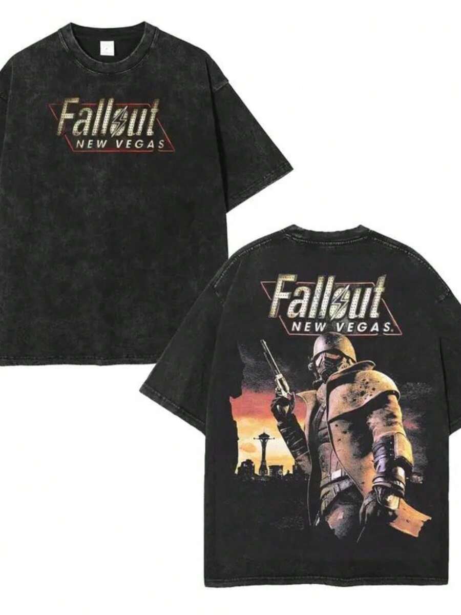 Unisex Acid-Washed T-Shirt Featuring A Double-Sided Retro Print Of 'Fallout: New Vegas', Designed With Lightweight Geometric Patterns, Perfect For Casual Summer Streetwear. - Black - View 1