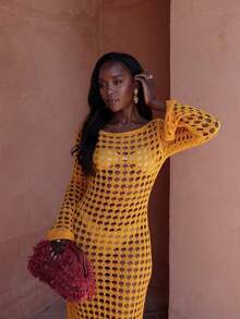 MORI Orange Hollow-Out Long Sleeve Knitted Cover Up Dress, Women's Spring/Summer New Beach Holiday Vacation Seaside Outfit, Summer Fashion Elegant Casual Loose Daily Versatile Travel Comfortable Knit Dress - Orange - View 5