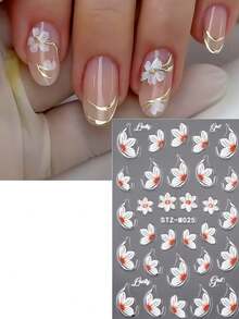 2pcs White Camellia Flowers Nail Art Stickers Elegant Orchid Silver Trim Petal Design Lily Floral IN Spring Summer Japanese Style Wedding Nail For Women And Girls To DIY Nail Supplies - Multicolor - View 6