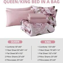 7 Piece Pink Floral Comforter Set Full/Queen/King Size Bed In A Bag,Flowers Printed On Light Comforter Set With Sheets, Soft Microfiber Botanical Bedding Set For Wedding Items,Home Bed Room Decor,Easter Gifts,Mothers Day Gift,All Season - 粉紅色-0812 - 查看 7
