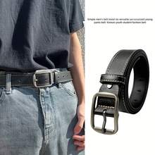 1pc Men's Black Leather Belt, Vintage Metal Buckle And Contrast Stitching, Casual Jeans Accessory, Adjustable Size Suitable For Daily/Work Wear - Multicolor - View 2