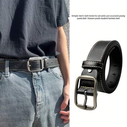 1pc Men's Black Leather Belt, Vintage Metal Buckle And Contrast Stitching, Casual Jeans Accessory, Adjustable Size Suitable For Daily/Work Wear