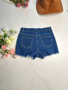 Quần short denim rách cho nữ có túi, cạp chun, trang phục dạo phố thường ngày cho mùa xuân và mùa hè - Rửa trung bình - Xem 7