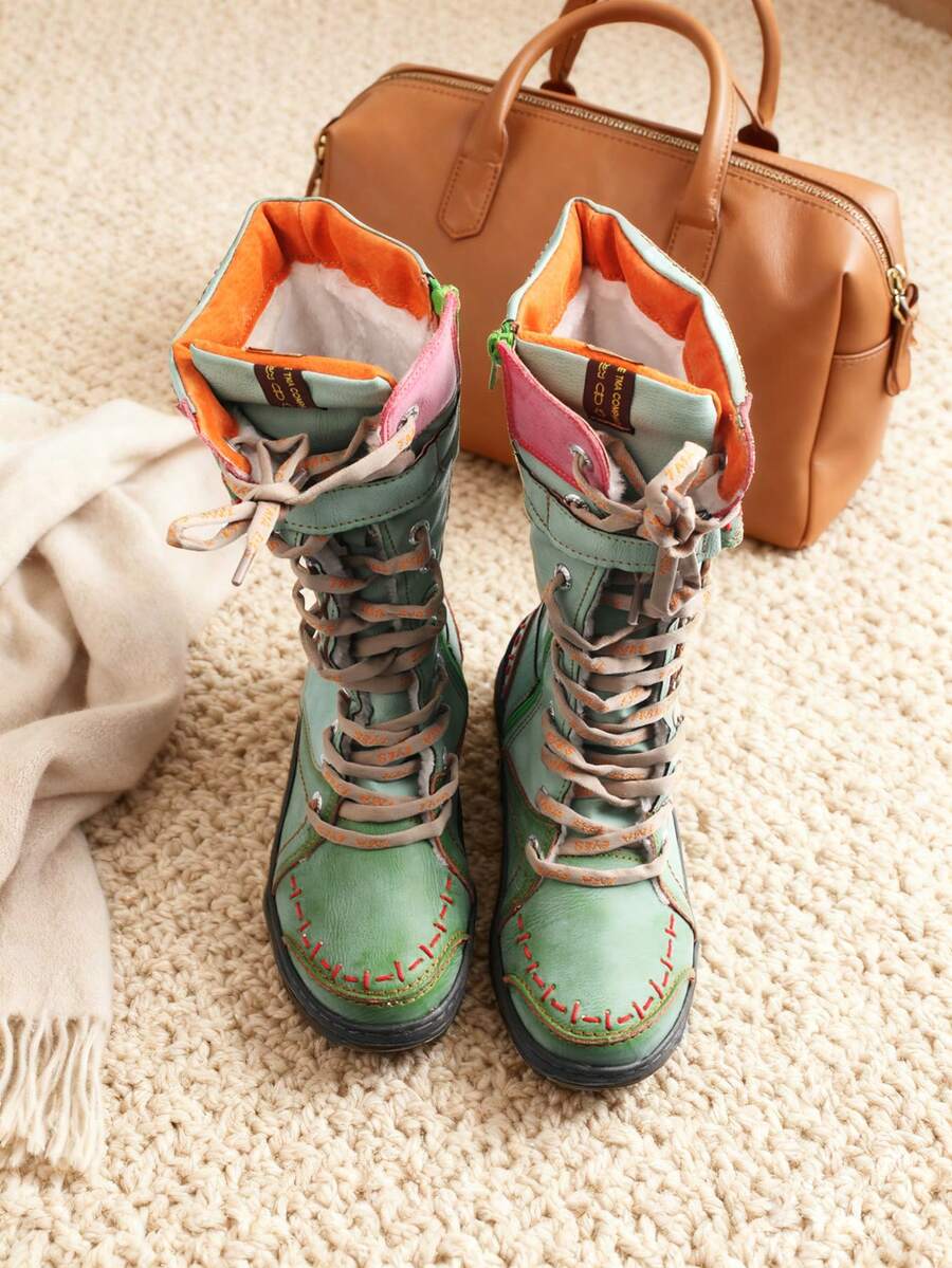 1 Pair TMA EYES Women's Artisan Aged Leather Boots - Mid-Calf Vintage Boots With Side Zipper, Hand-Crafted Stitching & Non-Slip Sole,Boots For Women - Màu xanh Bạc hà - Xem 1