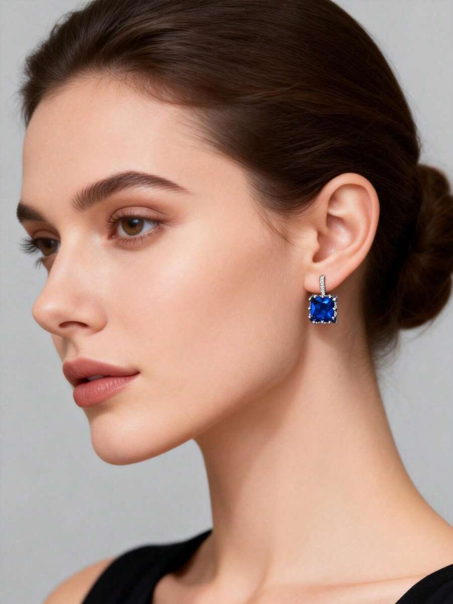 Bông tai vuông màu xanh đậm đính đá Zirconia kiểu Ramadan - Bông tai mặt dây chuyền lấp lánh phong cách Trung Đông, phù hợp với trang phục lễ hội.