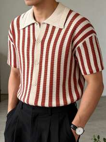 男士夏季针织条纹短袖毛衣，休闲宽松透气百搭上衣 - 紅色 - 查看 1