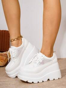 女士系带厚底方头坡跟休闲网面运动鞋 - 白色 - 查看 3