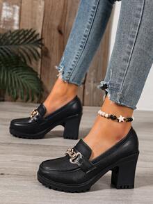 Escarpins à talon épais avec décoration de chaîne, respirants, style élégant et professionnel, talons compensés pour femmes - Noir - Voir 1