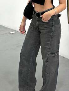 Women's Mid-Rise Button Fly Loose Fit Jeans - Casual Fashion Denim Pants - Autumn Apparel - Grey - View 1