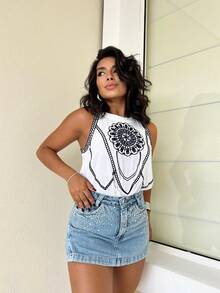 High-Waisted Denim Shorts, Women's Modal Skirt Shorts - 5601-Claro com brilho - 查看 4